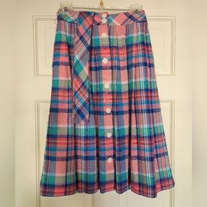 TALBOTS MADRAS PLAID BUTTON FRONT PLEATED SKIRT SZ 0P-4P NWOT